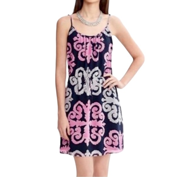 BANANA REPUBLIC, WOMENS, NAVY, GREY & PINK MEDALLION PRINT DRESS. SIZE 8 - Picture 1 of 5